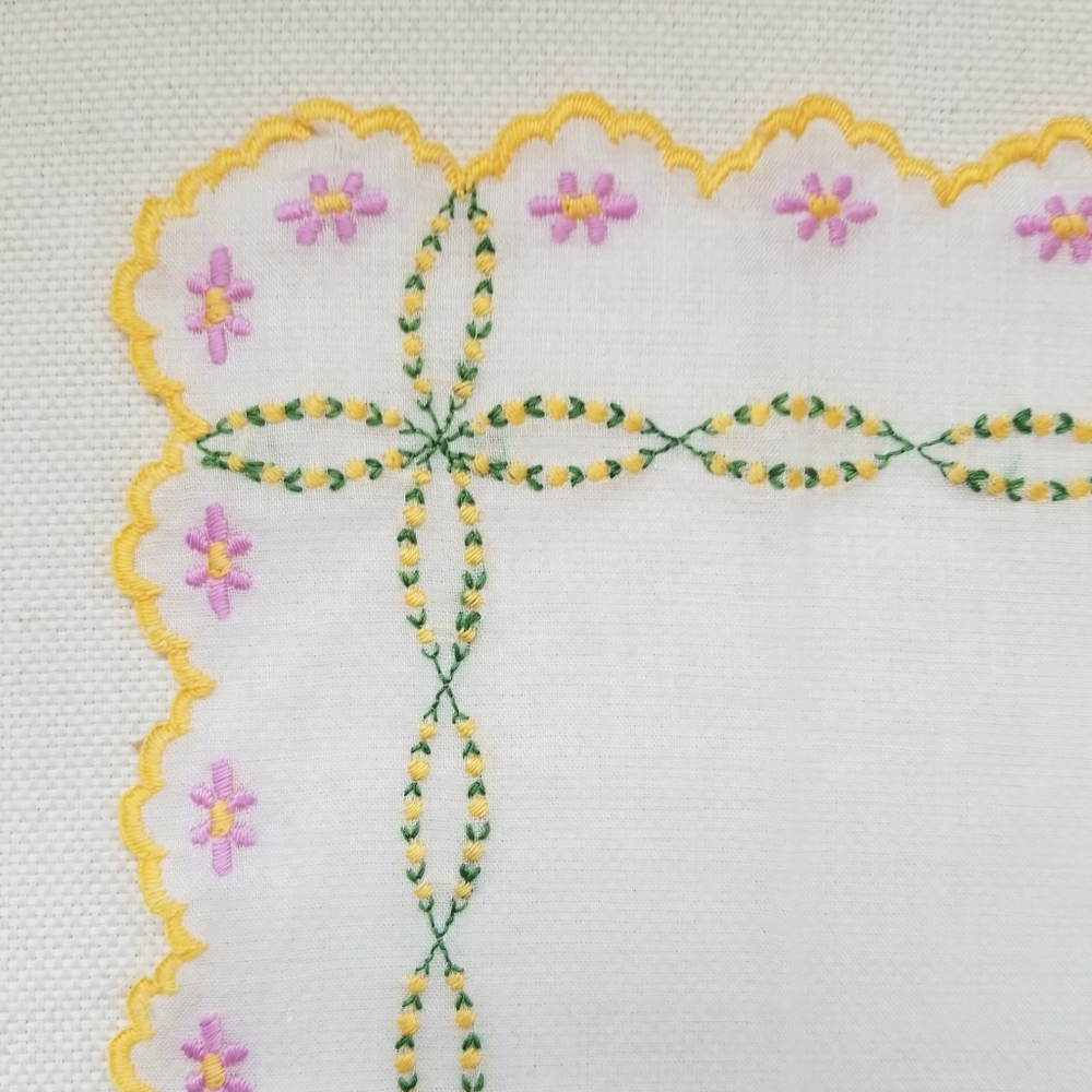 VTG Hand-Embroidered Pink, Green & Yellow Handkerchief - Picture 2 of 6